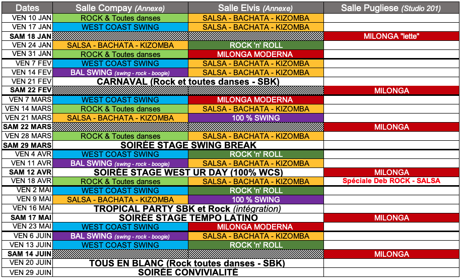 Agenda des soirées pratiques de l'école de danse Moioli